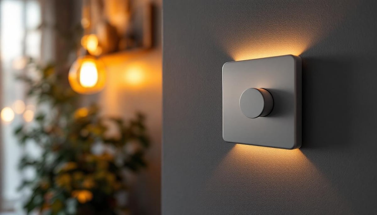 Modern dimmer switch on gray wall with warm ambient lighting and blurred pendant lights in background