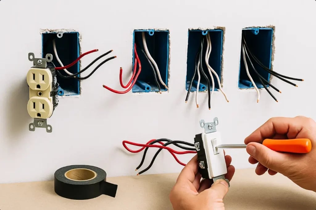Hand holding electrical dimmer switch near wall with outlet, junction boxes and wiring installation setup